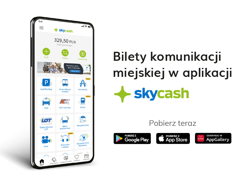 Na plakacie znajduje się telefon z aplikacjami. Na plakacie umieszczono tekst o treści: Bilety komunikacji miejskiej w aplikacji skycash pobierz teraz.