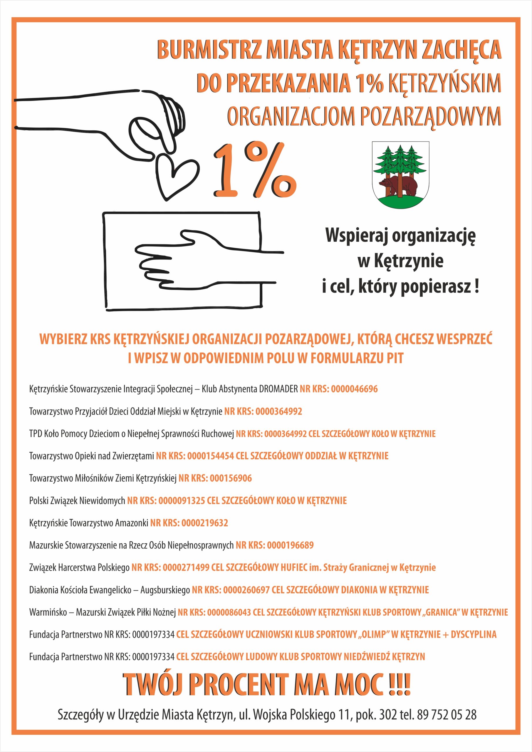 BURMISTRZ MIASTA KĘTRZYN ZACHĘCA DO PRZEKAZANIA 1% KĘTRZYŃSKIM ORGANIZACJOM POZARZĄDOWYM. Wspieraj organizację w Kętrzynie  i cel, który popierasz ! WYBIERZ KRS KĘTRZYŃSKIEJ ORGANIZACJI POZARZĄDOWEJ, KTÓRĄ CHCESZ WESPRZEĆ I WPISZ W ODPOWIEDNIM POLU W FORMULARZU PIT. Kętrzyńskie Stowarzyszenie Integracji Społecznej – Klub Abstynenta DROMADER NR KRS: 0000046696 Towarzystwo Przyjaciół Dzieci Oddział Miejski w Kętrzynie NR KRS: 0000364992 TPD Koło Pomocy Dzieciom o Niepełnej Sprawności Ruchowej NR KRS: 0000364992 CEL SZCZEGÓŁOWY KOŁO W KĘTRZYNIE Towarzystwo Opieki nad Zwierzętami NR KRS: 0000154454 CEL SZCZEGÓŁOWY ODDZIAŁ W KĘTRZYNIE Towarzystwo Miłośników Ziemi Kętrzyńskiej NR KRS: 000156906  Polski Związek Niewidomych NR KRS: 0000091325 CEL SZCZEGÓŁOWY KOŁO W KĘTRZYNIE Kętrzyńskie Towarzystwo Amazonki NR KRS: 0000219632 Mazurskie Stowarzyszenie na Rzecz Osób Niepełnosprawnych NR KRS: 0000196689 Związek Harcerstwa Polskiego NR KRS: 0000271499 CEL SZCZEGÓŁOWY HUFIEC im. Straży Granicznej w Kętrzynie Diakonia Kościoła Ewangelicko – Augsburskiego NR KRS: 0000260697 CEL SZCZEGÓŁOWY DIAKONIA W KĘTRZYNIE Warmińsko – Mazurski Związek Piłki Nożnej NR KRS: 0000086043 CEL SZCZEGÓŁOWY KĘTRZYŃSKI KLUB SPORTOWY „GRANICA” W KĘTRZYNIE Fundacja Partnerstwo NR KRS: 0000197334 CEL SZCZEGÓŁOWY UCZNIOWSKI KLUB SPORTOWY „OLIMP” W KĘTRZYNIE + DYSCYPLINA    Fundacja Partnerstwo NR KRS: 0000197334 CEL SZCZEGÓŁOWY LUDOWY KLUB SPORTOWY NIEDŹWIEDŹ KĘTRZYNTWÓJ PROCENT MA MOC !!!  Szczegóły w Urzędzie Miasta Kętrzyn, ul. Wojska Polskiego 11, pok. 302 tel. 89 752 05 28