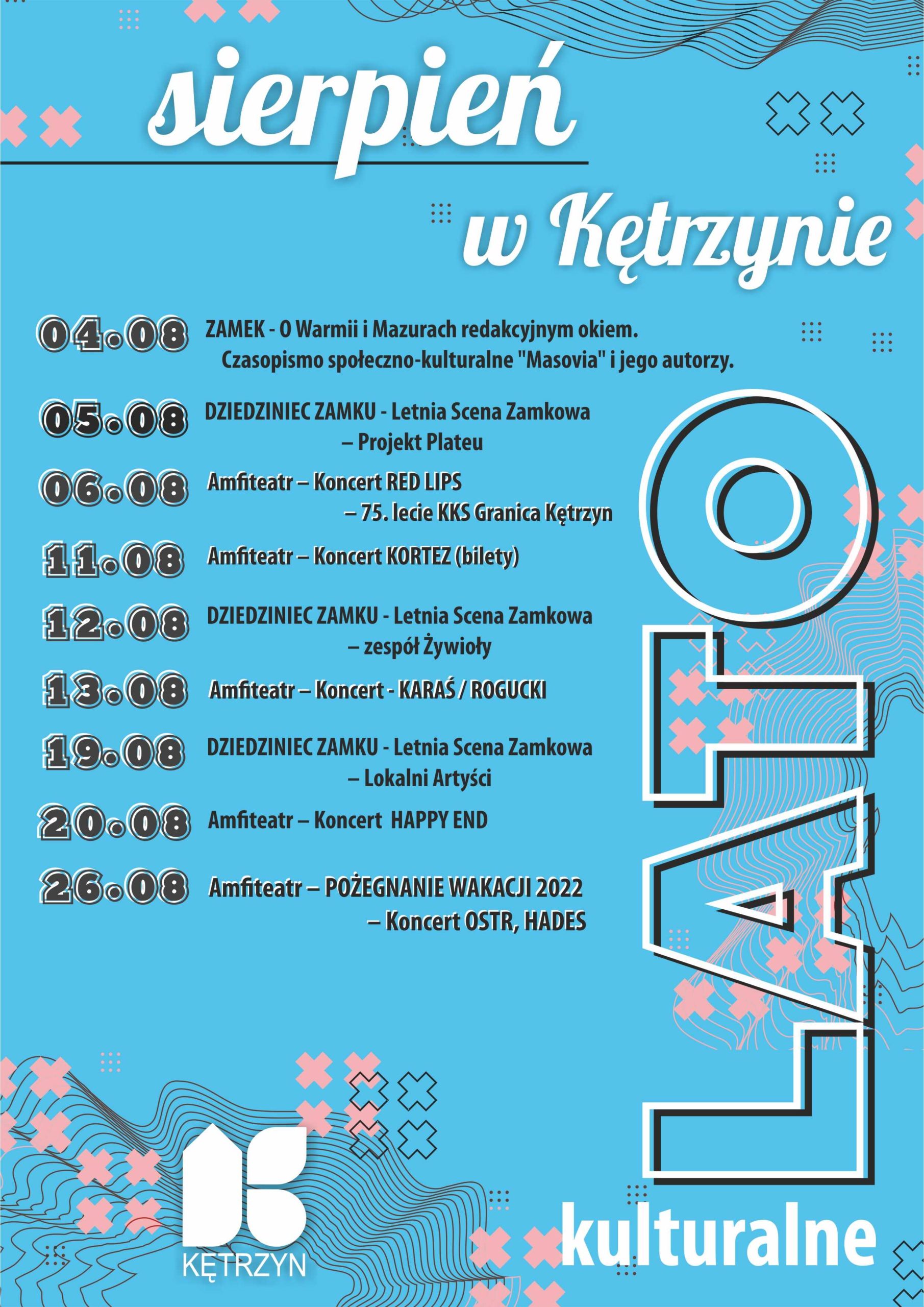 Infografika kalendarz lato w Kętrzynie - sierpień. Spis imprez. Powyżej plik do pobrania w pdf