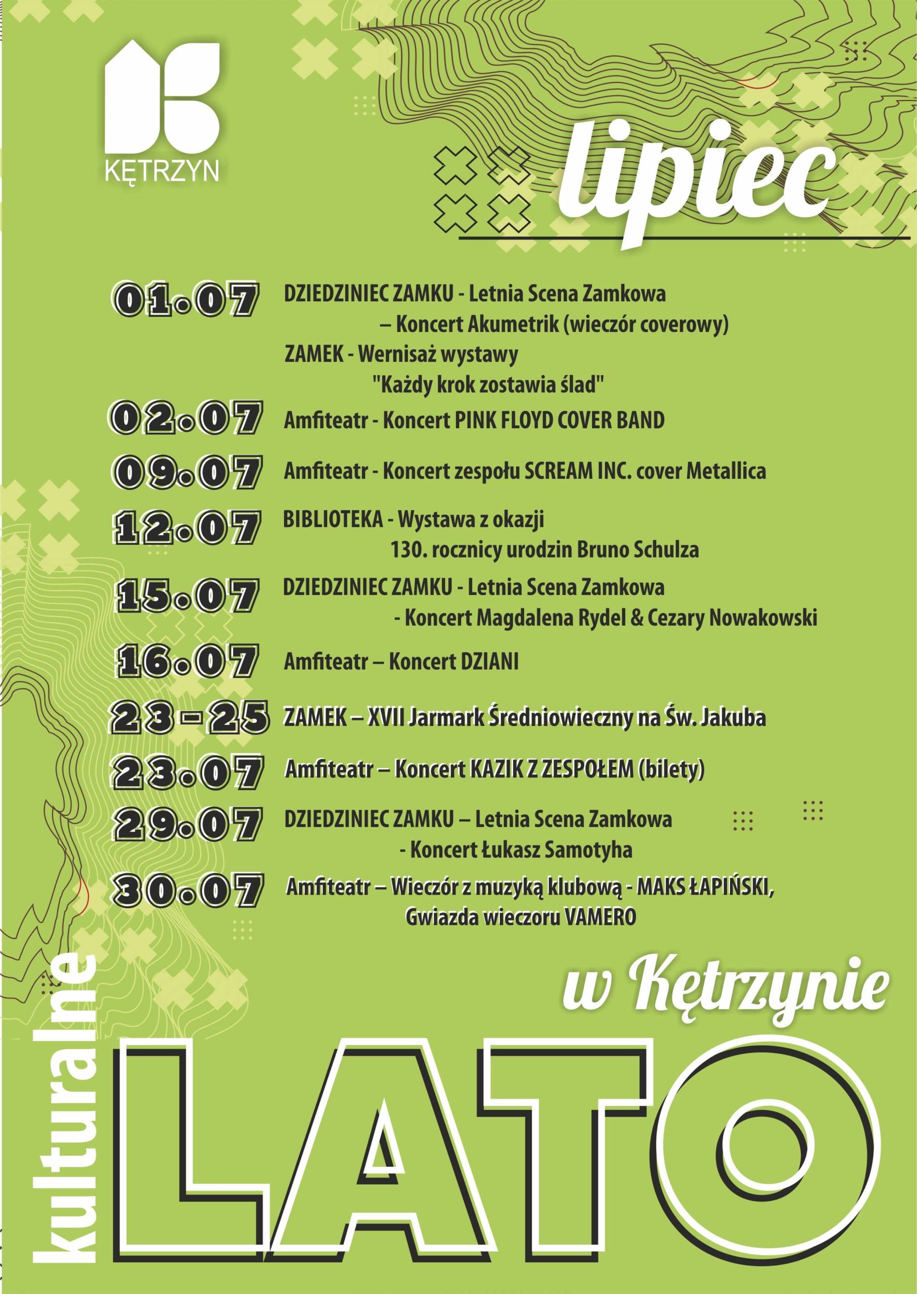 Infografika kalendarz lato w Kętrzynie - lipiec. Spis imprez. Powyżej plik do pobrania w pdf