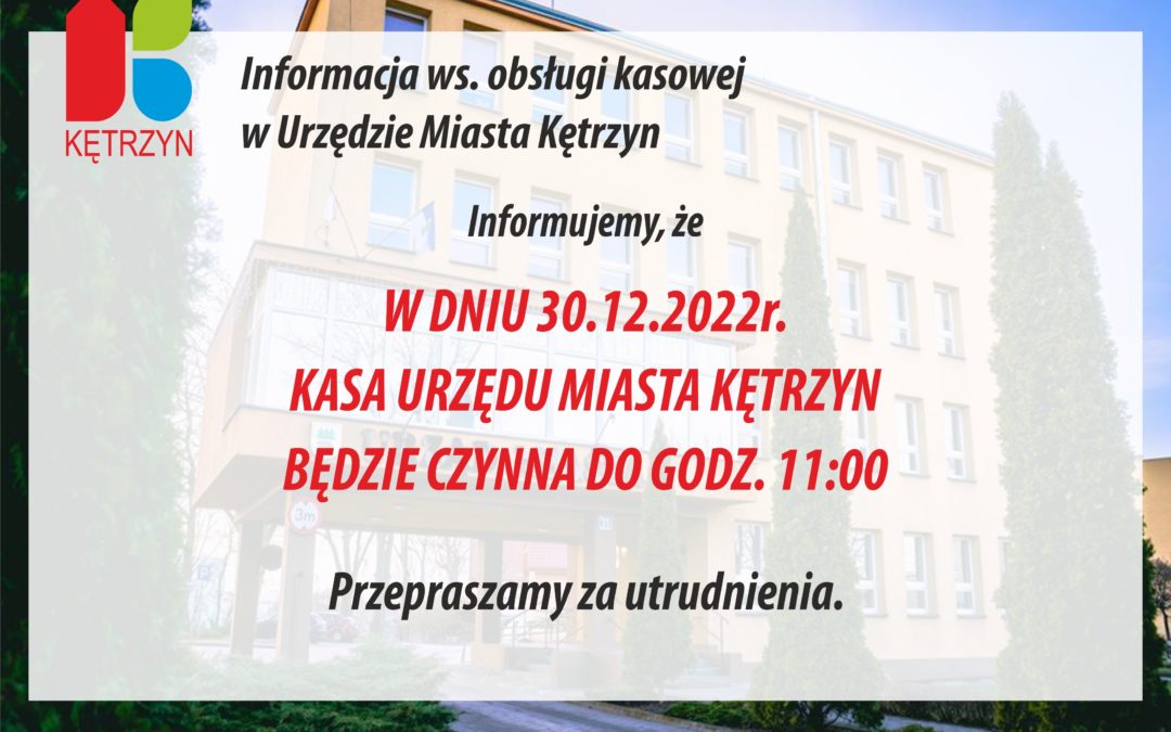 Informacja ws. obsługi kasowej w Urzędzie Miasta Kętrzyn