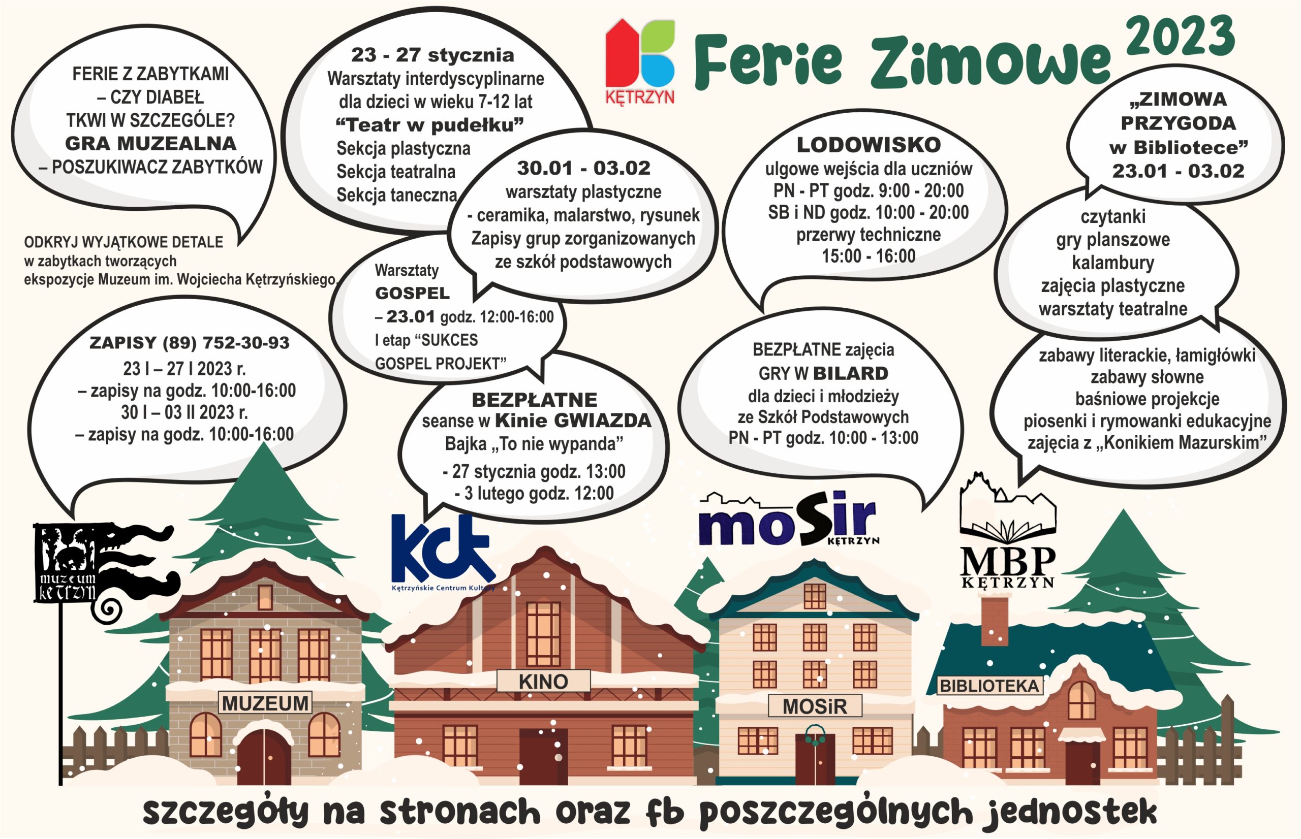 Przed nami dwa tygodnie zimowej przerwy od nauki! To czas na regenerację i świetną zabawę 😁🥳🤸‍♀️ W tym roku o atrakcje w czasie ferii w Mieście #Kętrzyn zadbały miejskie jednostki kultury i sportu!  Poniżej znajdziecie rozpiskę zajęć przygotowanych przez Kętrzyńskie Centrum Kultury, Muzeum im.Wojciecha Kętrzyńskiego, Miejska Biblioteka Publiczna w Kętrzynie i Miejski Ośrodek Sportu i Rekreacji w Kętrzynie.  Wszelkich szczegółów szukajcie na stronach oraz FB KCK, Muzeum, Miejskiej Biblioteki i MOSiR 🙂🙃 Już dziś życzymy Wam kreatywnych pomysłów i udanej zabawy 🥳