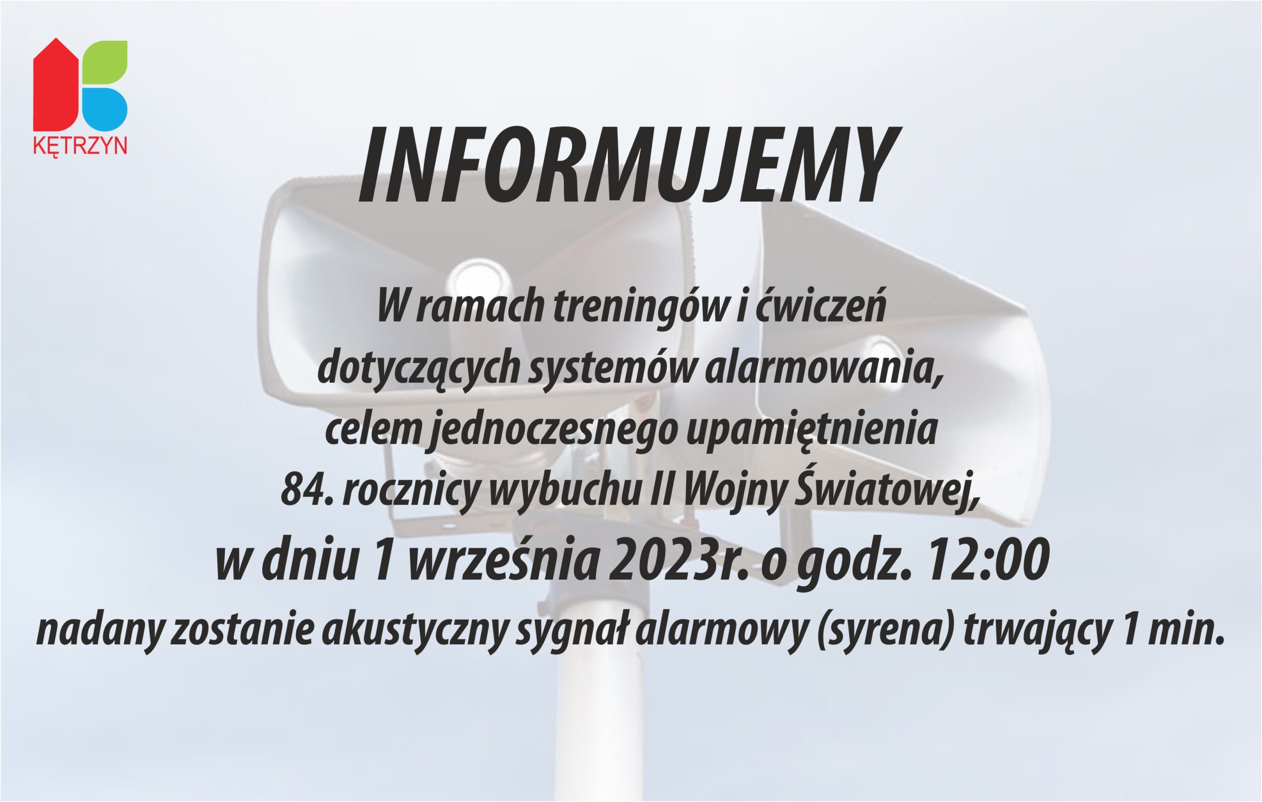 📢 Informujemy 👉 W piątek 1 września odbędą się ćwiczenia systemów alarmowania. O godzinie 12:00 przez minutę zostanie nadany sygnał akustyczny (syrena) 📢